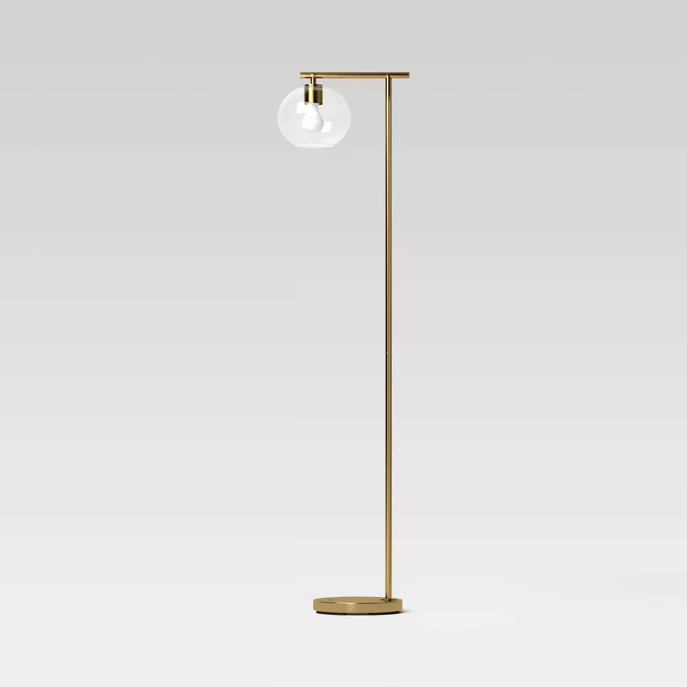 Moderne Messing-Bodenlampe mit rundem Glasschirm